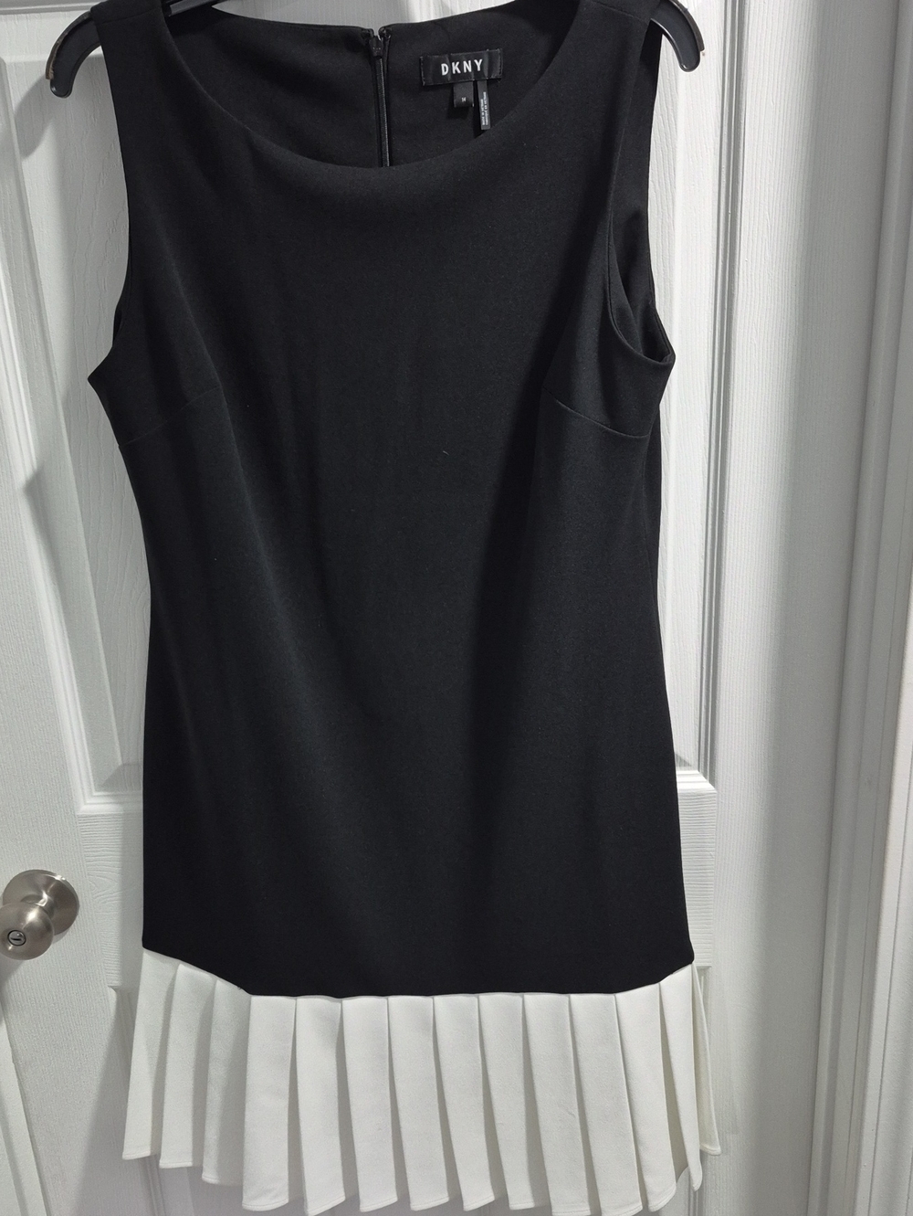 DKNY Black Shift Dress with White Pleated Hem